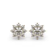 Yellow Gold Round Shape Diamond Flower Style Earrings With Prong Setting.
